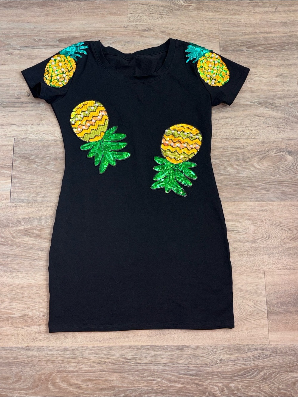 Black Short Sleeve Mini Dress with Cute Sequin Pineapple Appliqués. Size Large